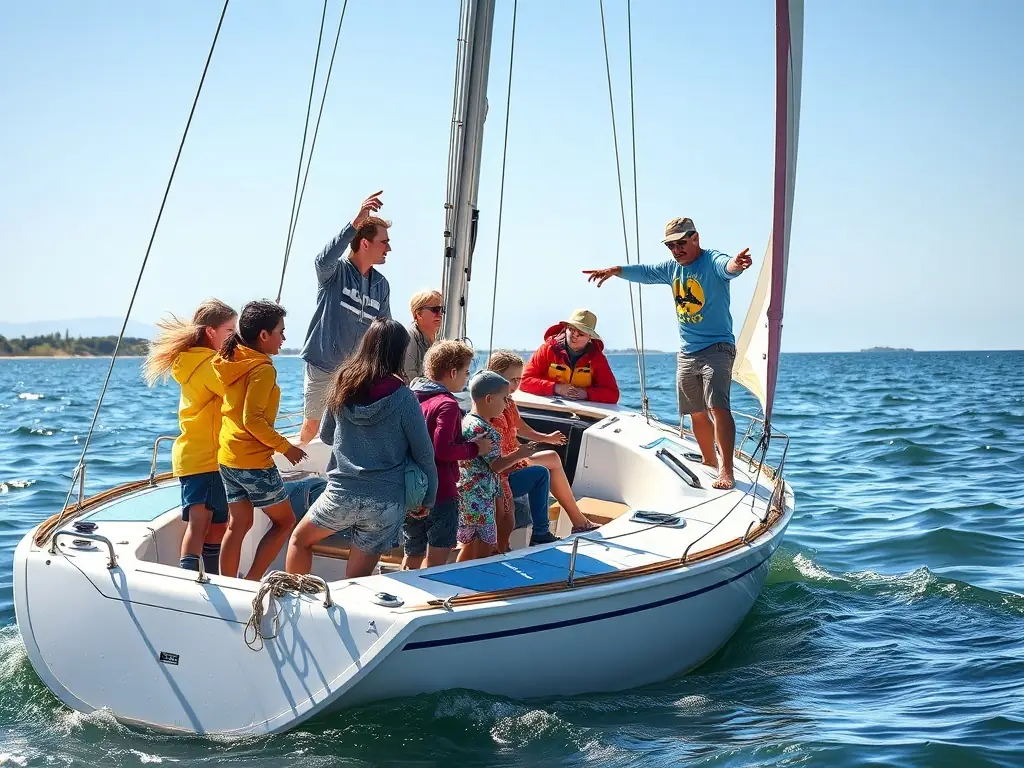 A group of diverse individuals participating in a beginner's sailing lesson on a small sailboat, with an instructor providing guidance and support, under a sunny sky on the coast of La Rochelle.
