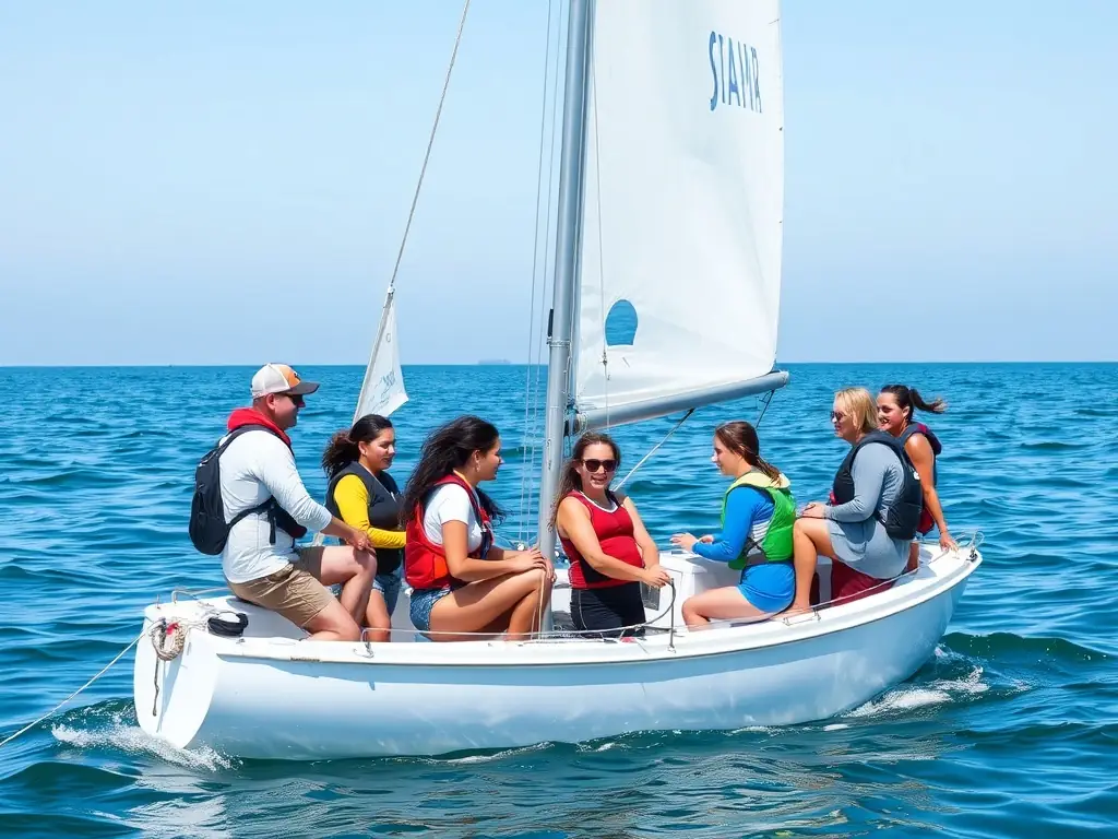 A group of diverse individuals learning basic sailing techniques on a small sailboat in calm waters, with an instructor providing guidance. The scene emphasizes inclusivity and accessibility.