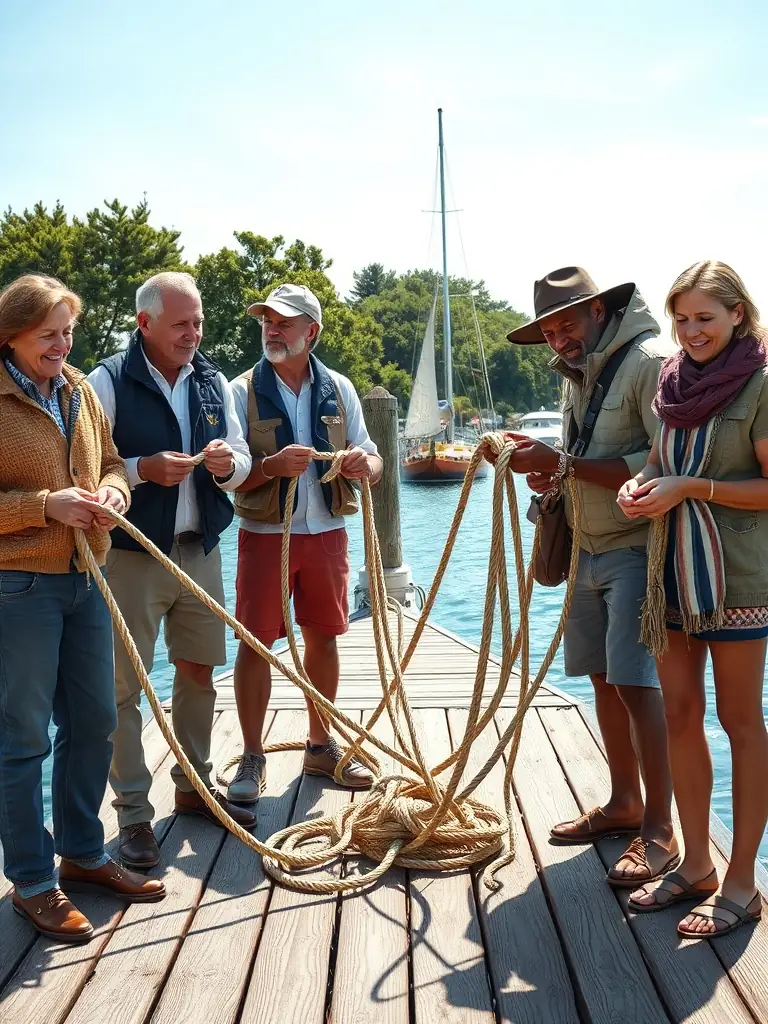 A group of diverse individuals learning to tie nautical knots on a sunny day, showcasing the educational aspect of sailing with LA VOILE POUR TOUS.
