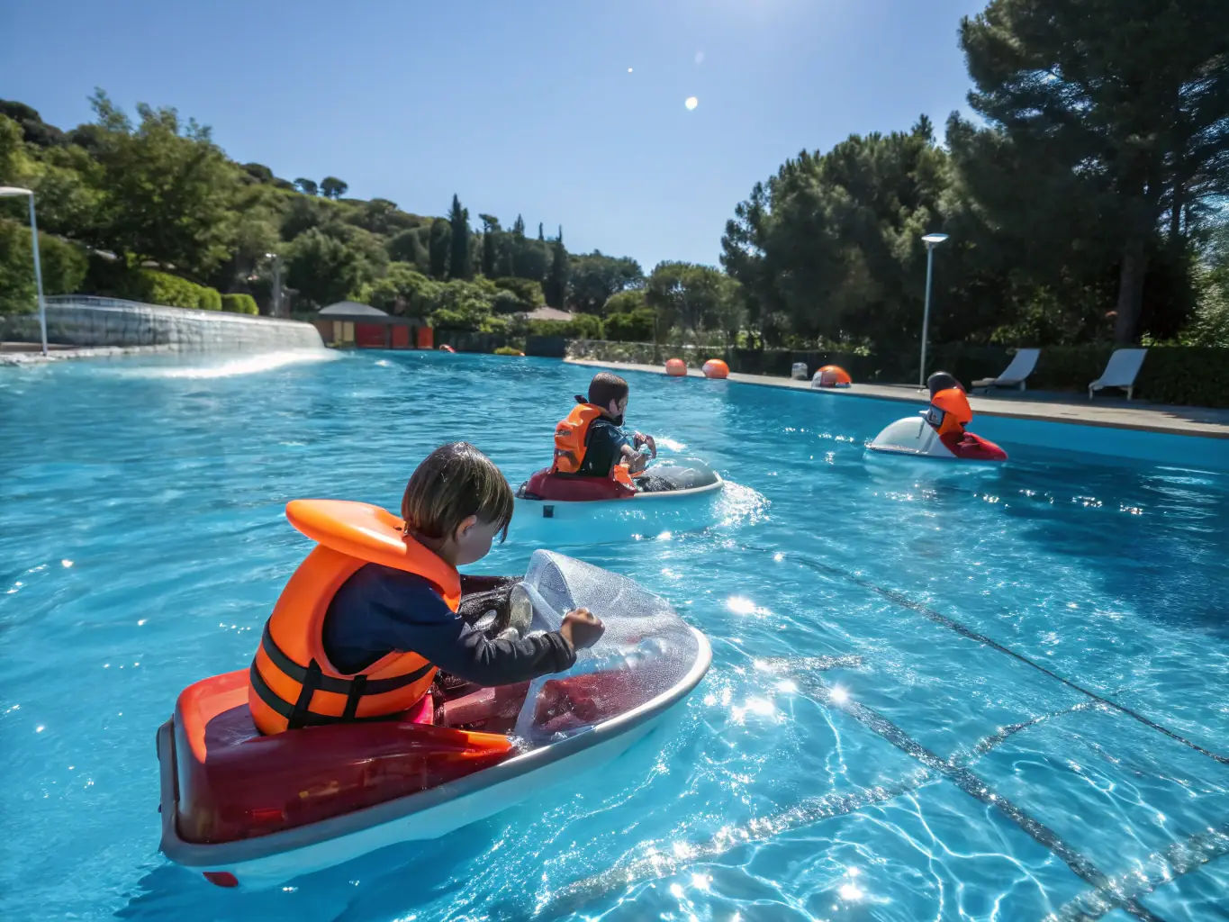 A vibrant image of children participating in a summer sailing camp, laughing and working together to raise a sail on a small boat. The scene conveys the fun and educational aspects of the program.