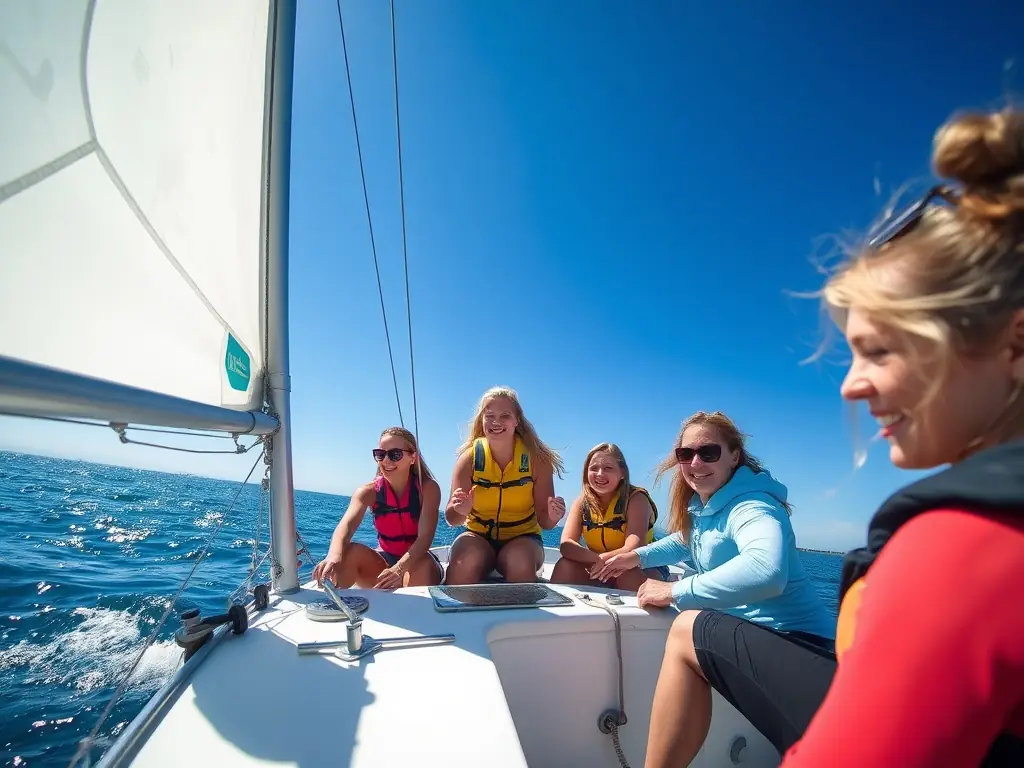 A photograph of a group of teenagers participating in an advanced sailing training session, practicing maneuvers and teamwork on a larger sailboat, with the La Rochelle coastline in the background.