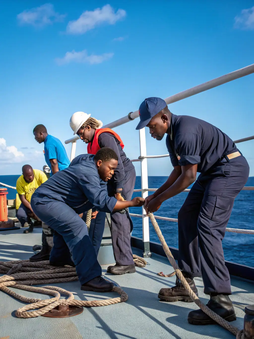 Participants of varying ages and abilities working together to raise the sail on a larger sailboat, emphasizing teamwork and skill development in the advanced sailing program.