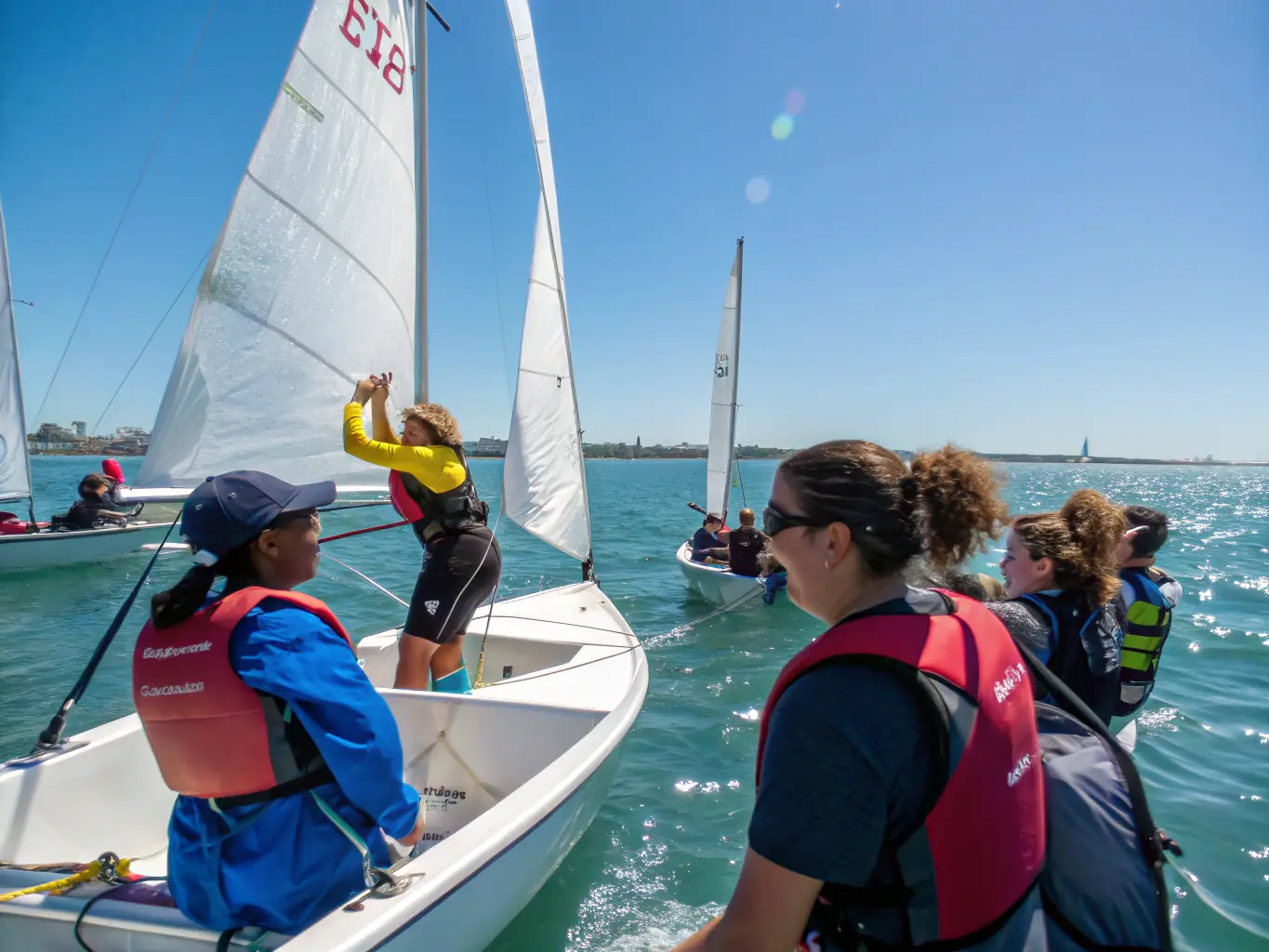 A group of diverse individuals participating in a beginner sailing lesson on a calm, sunny day, with an instructor demonstrating proper techniques on a small sailboat. The scene emphasizes learning and accessibility.