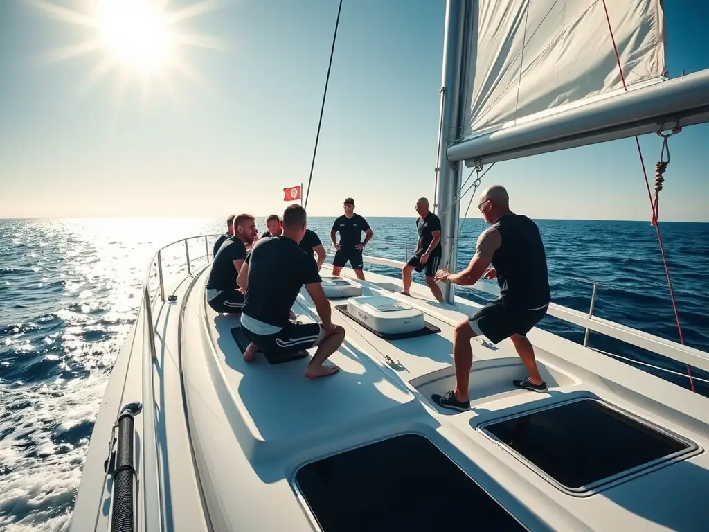 An image of experienced sailors participating in an advanced sailing training session, demonstrating precision and expertise in handling a larger sailboat.