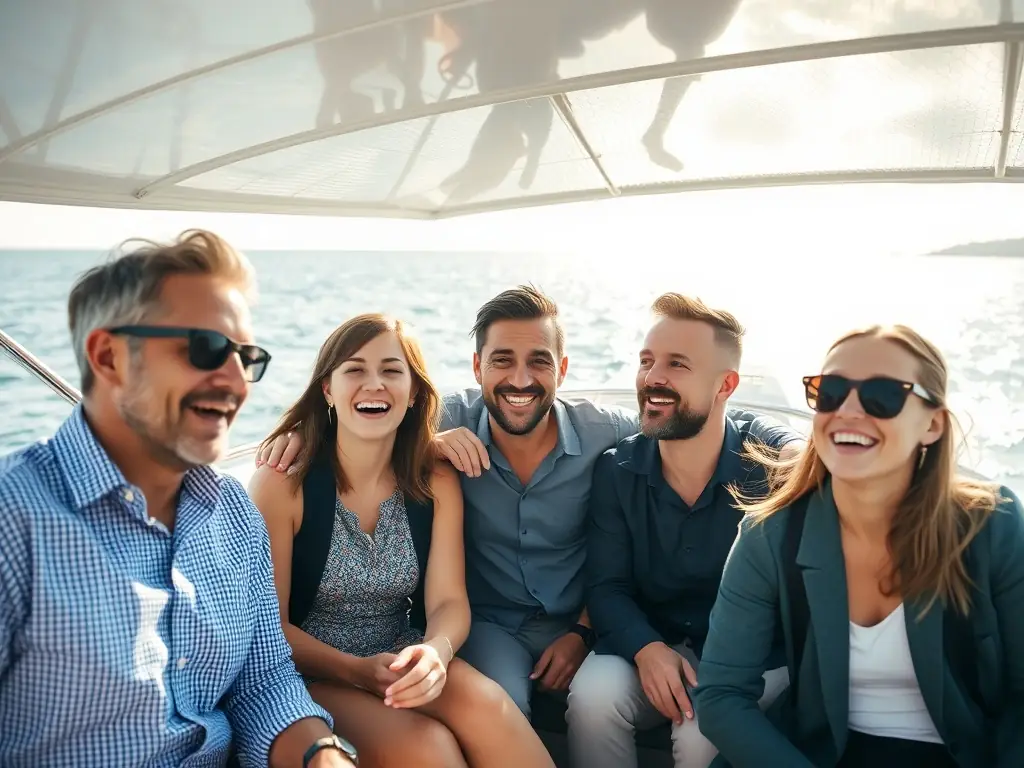 A photograph of young adults participating in a team-building sailing activity, showcasing collaboration and enjoyment of maritime sports.