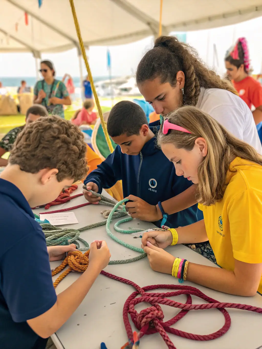 Children participating in a hands-on workshop learning about nautical knots and navigation tools, highlighting the educational aspect of the discovery programs.