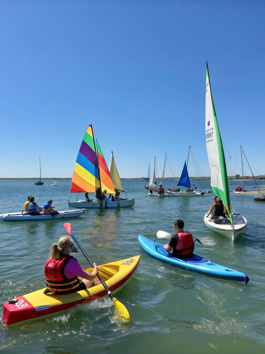 A group of people with disabilities enjoying a sailing experience on a specially adapted sailboat, demonstrating the inclusive nature of LA VOILE POUR TOUS's programs.