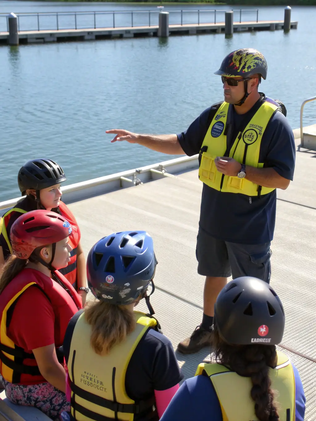 A sailing instructor demonstrating safety procedures to a class of students wearing life vests, emphasizing the importance of safety in maritime sports.